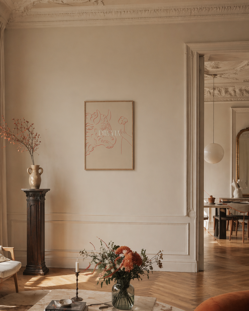 Living room with beige walls, wooden coffee table, and decorative elements.